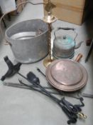 A box of old brass, copper ware & preserving pans etc.