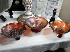 A selection of carnival glass dishes. Collect Only.