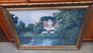 A glazed & gilt framed rural mill pond scene, 86cm x 61cm COLLECT ONLY