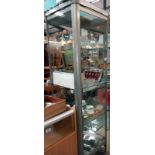 A metal framed glass display cabinet on wheels (Glass shelves, 50cm square a 188cm)