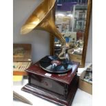 A horn gramophone with brass horn, in working order COLLECT ONLY