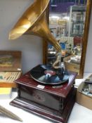 A horn gramophone with brass horn, in working order COLLECT ONLY