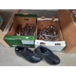 A quantity of tools including spanners and a new pair of safety steel cap shoes ( UK size 7) COLLECT