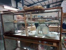 A glass display case, wood frame and base ( includes internal glass shelf stand, 160cm x 52cm x