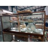 A glass display case, wood frame and base ( includes internal glass shelf stand, 160cm x 52cm x