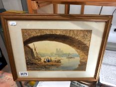 A small framed and glazed Dutch school watercolour river scene, unsigned. glass A/F