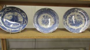 Three Spode blue and white plates, Golden Jublilee, Girl at Well and Byron groups.