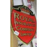 A vintage Royal Insurance Co., Ltd shield shaped glass sign.