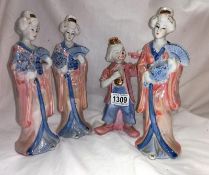 3 Chinese figures & a clown figure