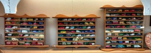 3 wall display cases with die cast model vehicles (includes empty boxes for vehicles)