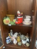 A mix of decorative ceramic items plus glass bowls etc ( 2 shelves)