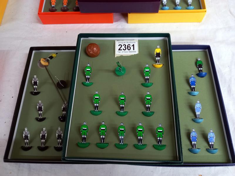 3 Subbuteo celluloid/card teams in modern holder boxes