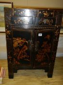 A black lacquered Chinese 2 drawer 2 door cabinet, COLLECT ONLY.