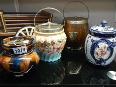 4 old china & wood bisque barrels & tobacco jar