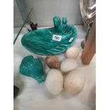 5 vintage artificial hens laying eggs, squirrel dish and snail ornament