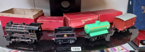 4 boxed Hornby engines & tender including 60199 engine, a No1 goods van & a tender wagon