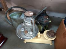 A quantity of old metalware including scales, weights & lamps etc.