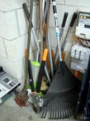A quantity of garden tools including strimmer & leaf blower