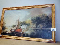 A gilt framed picture of old sailing boats in river