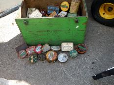 A quantity of collectors tins in wooden box
