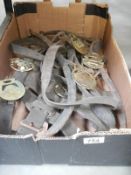 A box containing horse harnesses & horse brasses