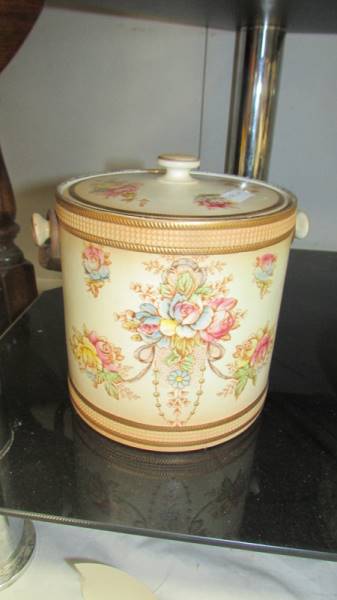 A Crown Devon Biscuit barrel, a blue and white lidded bowl, two oriental dishes and a teapot. - Image 2 of 4