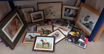 A collection of racing related pictures and prints including Lester Piggott, signed facsimile,