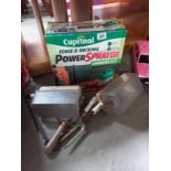 A mixed lot, boxed Cuprinol power sprayer, lights, tools etc