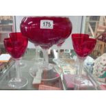 A set of 6 cranberry twisted stem glasses & large cranberry bowl Collect Only.