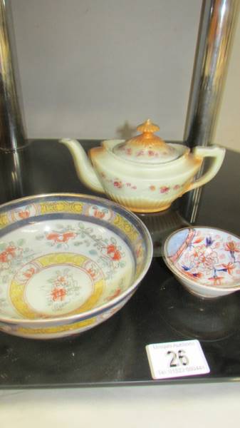 A Crown Devon Biscuit barrel, a blue and white lidded bowl, two oriental dishes and a teapot. - Image 3 of 4