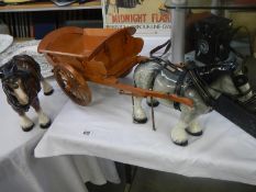 2 pottery Shire horses with 1 cart