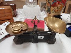 Vintage cast iron Avery kitchen scales with brass weights and pans