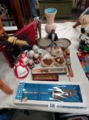 A mixed lot of ornamental household goods, souvenirs and decorative items, including pen set, salt