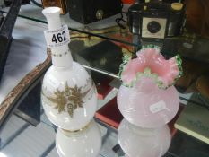 A Victorian engraved glass vase & 1 other in pink overlaid with white & green