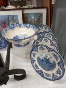 A Spode's Byran blue and white bowl, and 4 Johnson brothers old British castle plates