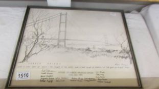 A framed and glazed pencil drawing of the Humber bridge.