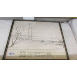 A framed and glazed pencil drawing of the Humber bridge.