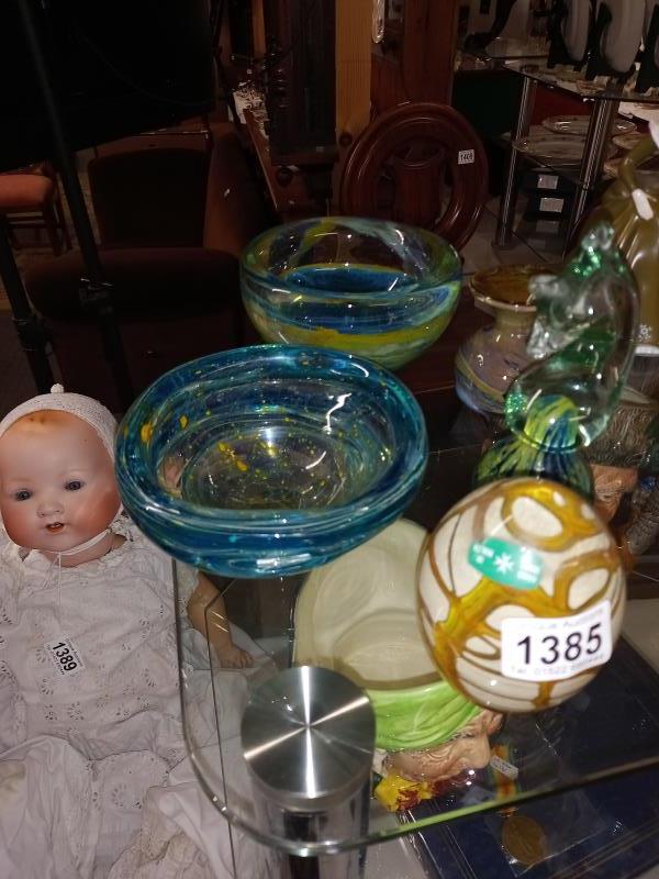 Two studio glass bowls, vase and two paperweights. - Image 2 of 3