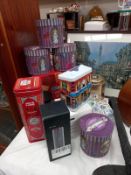 4 boxed strangeling mugs and selections of tins etc