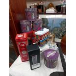 4 boxed strangeling mugs and selections of tins etc