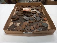 A box of old coins including many Victorian pennies, an 1889 crown etc