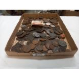 A box of old coins including many Victorian pennies, an 1889 crown etc