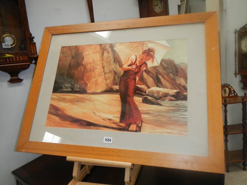 A large oak framed print of a lady on a beach with a chauffer waiting in the corner, COLLECT - Image 2 of 4