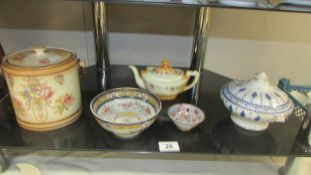A Crown Devon Biscuit barrel, a blue and white lidded bowl, two oriental dishes and a teapot.