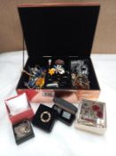 A jewellery box and mixed costume jewellery, watches etc