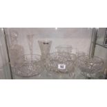 A selection of glass bowls, decanters and Dartington Crystal champagne flutes etc.