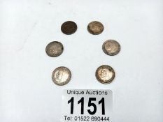 Six silver threepenny bits, 1821-1943, 8 grams.