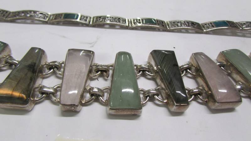 A silver and rose quartz bracelet with various other stones and a silver and green stone bracelet. - Image 2 of 2
