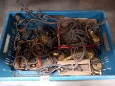 A box of brass ware including art nouveau frame etc A/F
