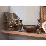 A quantity of old brassware including scuttle